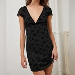 Black V-Neck Floral Contrast Ribbon Mesh Lace Mini Dress by Creamon